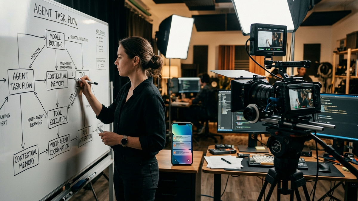 An operator reviewing approval-based AI automations across a whiteboard, phone alerts, and production checklists
