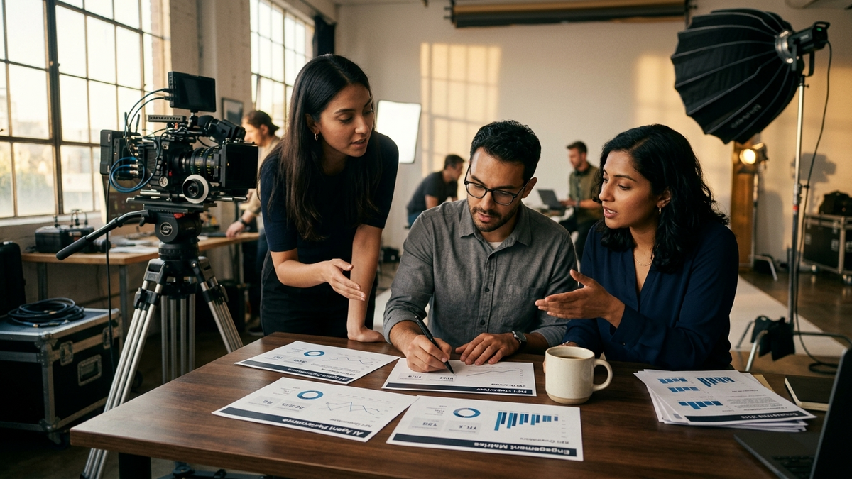 A small operator workspace where people review browser-based AI tasks, printed plans, and dashboards across a shared desk