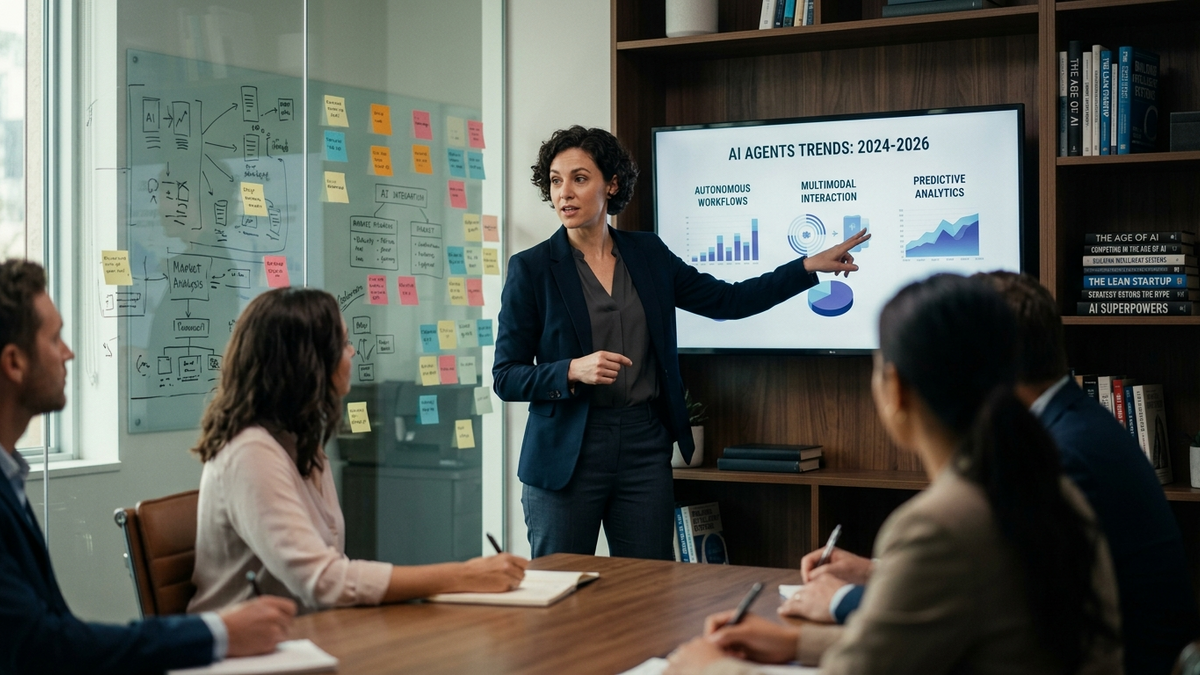 Small-team operators coordinating specialist AI workers across a planning wall, dashboards, and review checklists