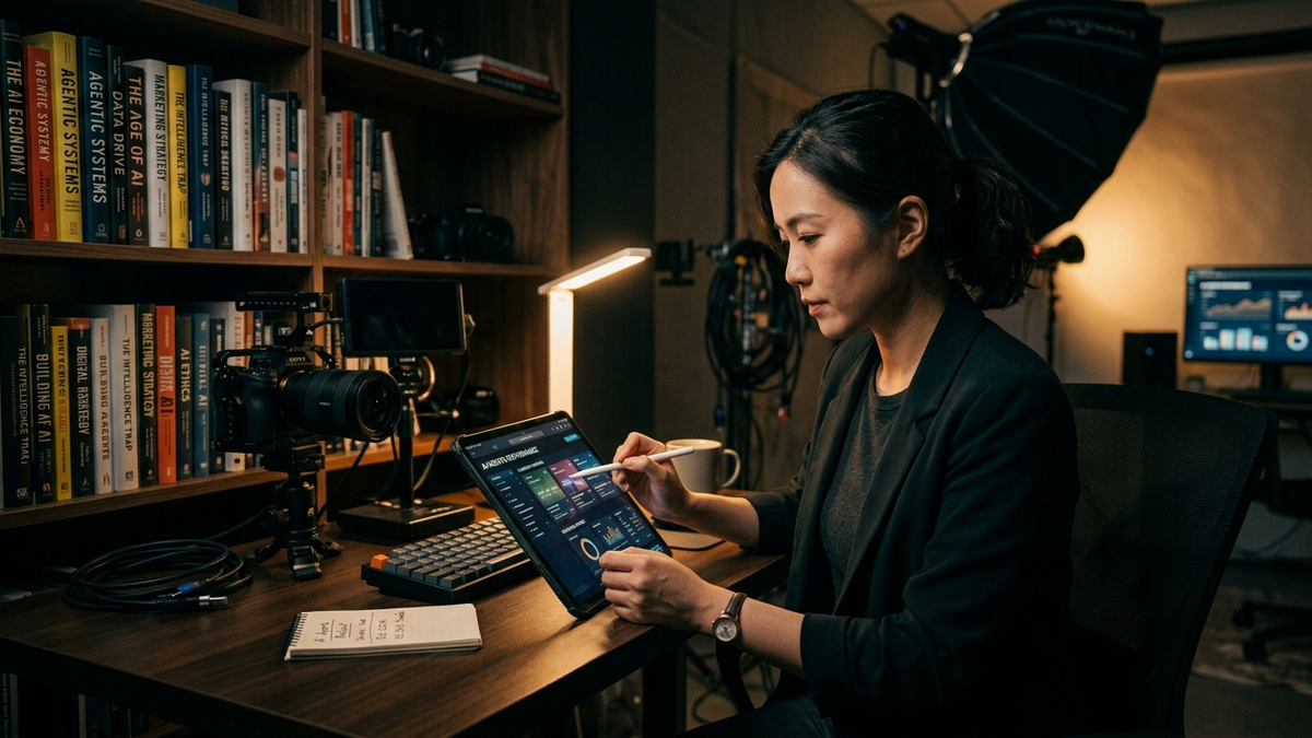 A solo operator at a studio desk reviewing cost-per-task dashboards on a tablet beside a printed tier-routing policy