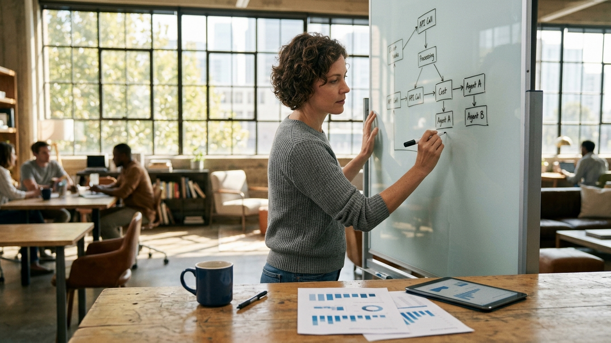 Operators comparing AI workflow costs across dashboards, notes, and routing cards in a studio workspace