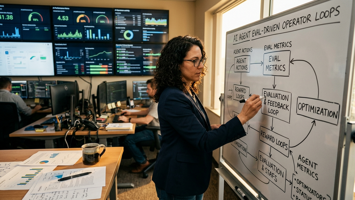 Small-team operators reviewing AI agent traces, tool paths, and scorecards across a collaborative planning wall