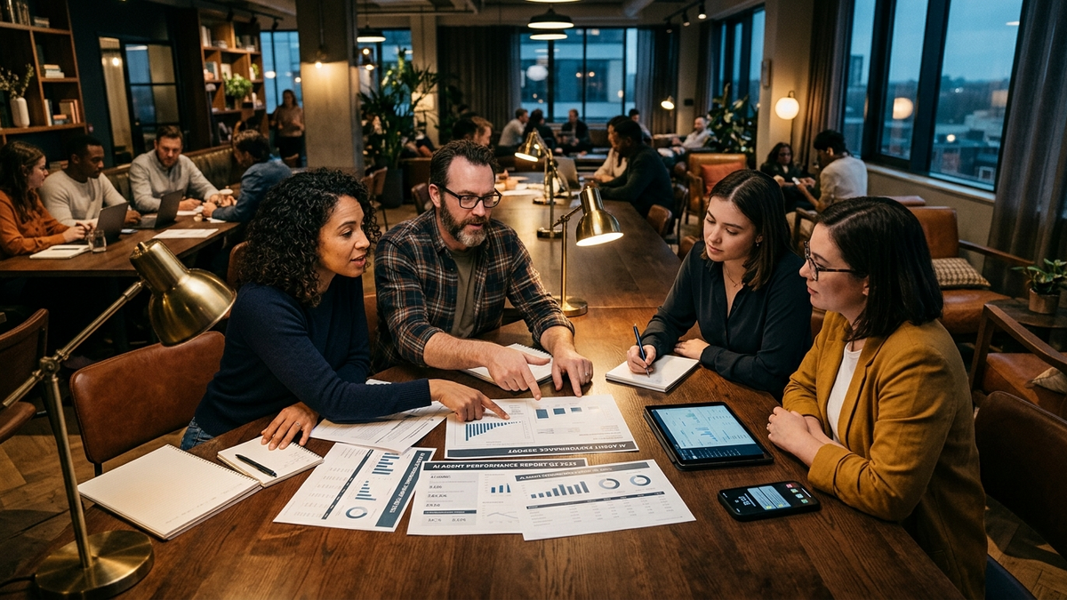 Operators reviewing AI agent traces, scorecards, and task handoffs around a shared worktable