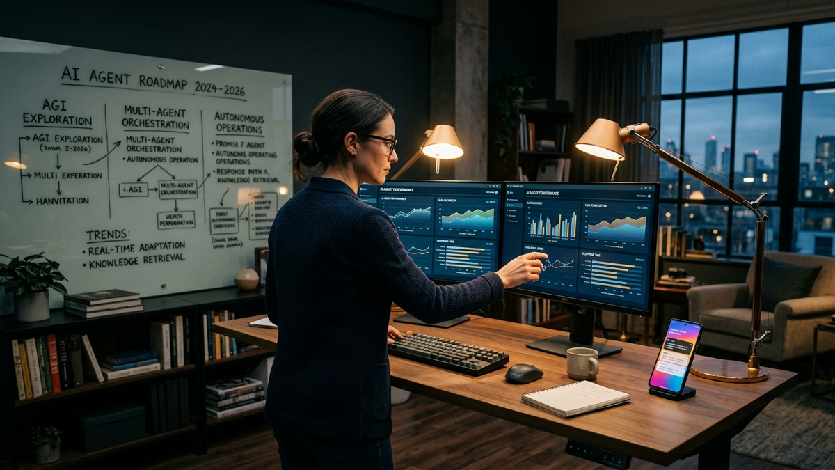 Operator reviewing AI workflow performance charts in a founder office with dashboards and notes