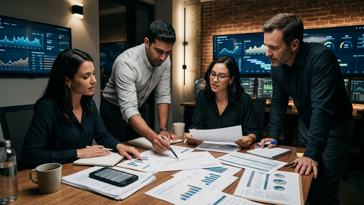 A small team and solo operator reviewing multi-agent workflow dashboards and orchestration charts in an operations war-room