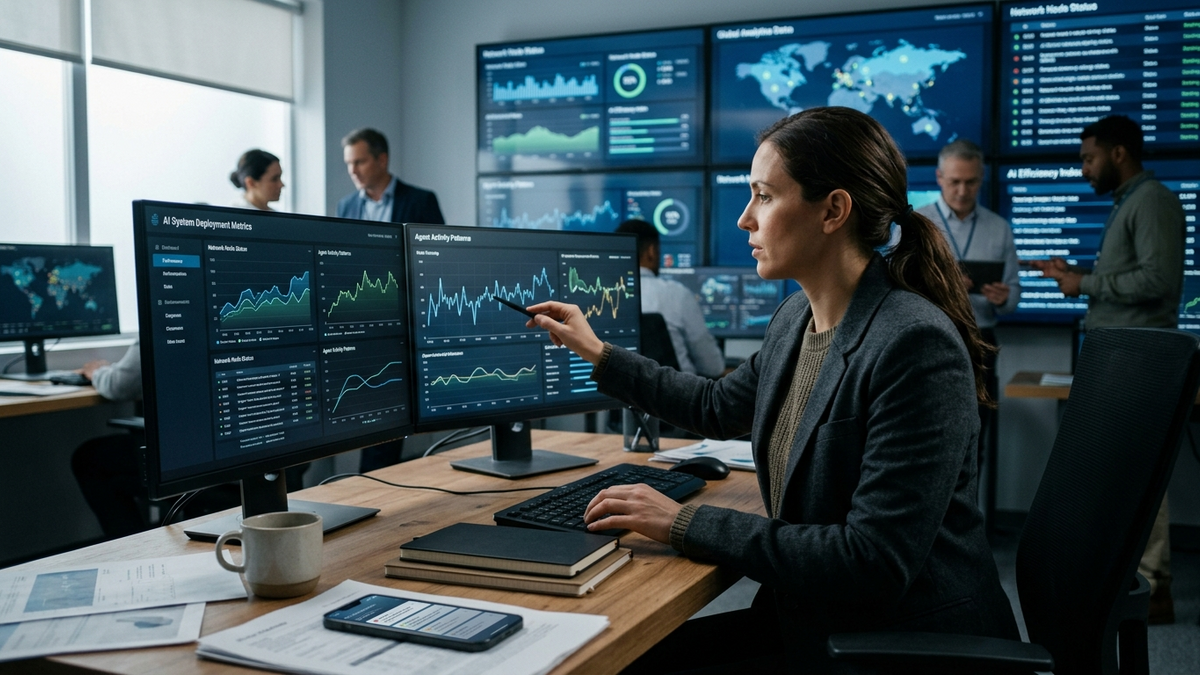 An operator reviewing AI agent runs across browser tasks, workflow files, and shared tool connections