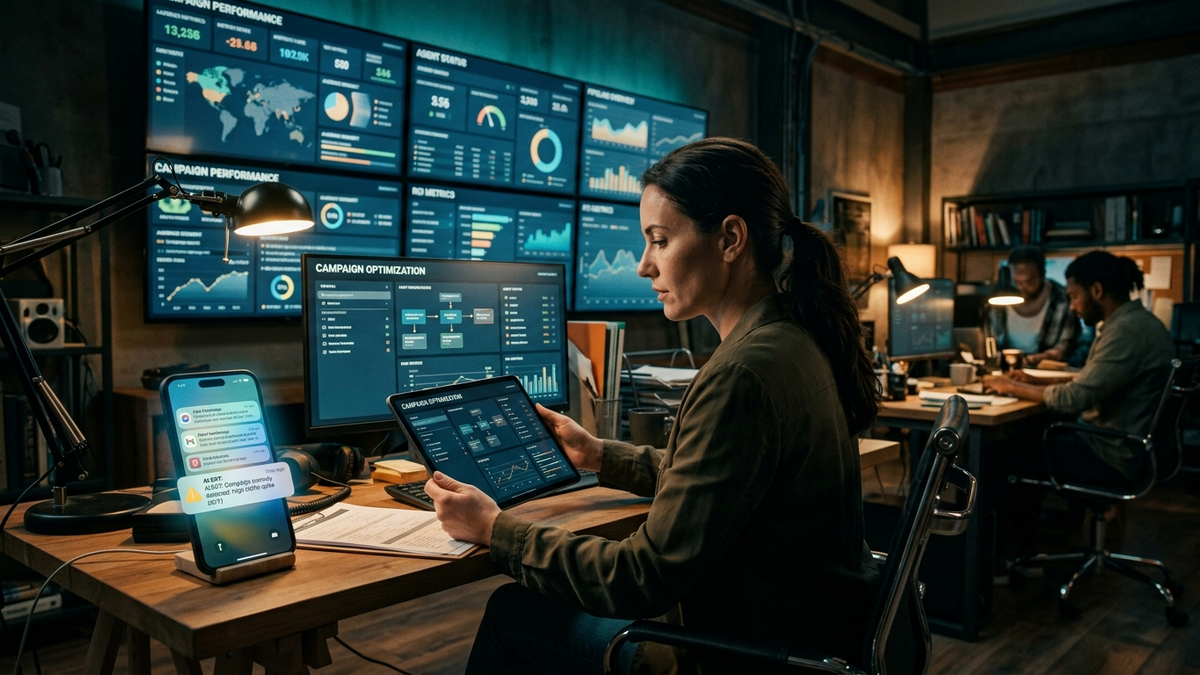 Operators reviewing reusable AI agent workflows across dashboards, tablets, and printed task cards in a control room