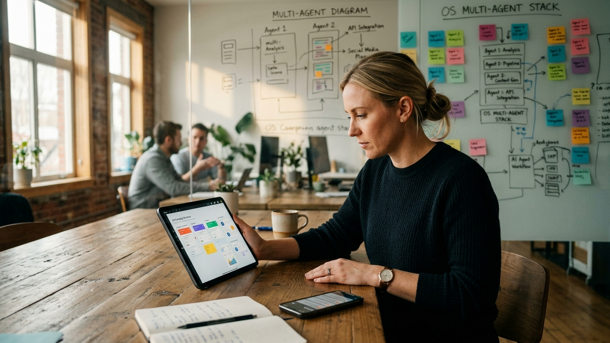A small operator team mapping open-source multi-agent workflows across boards, tablets, and shared task lanes