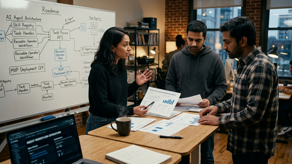 Operators assembling AI workflow skills across dashboards, whiteboards, and task queues in a collaborative studio
