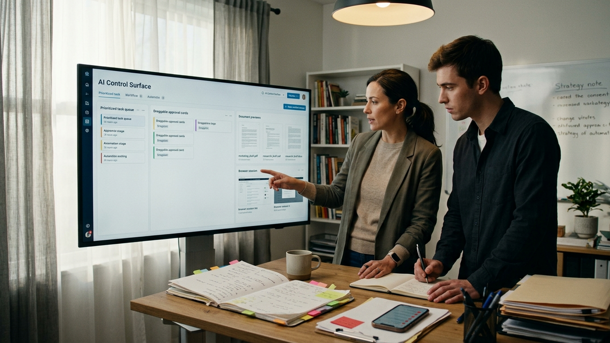 Small-team operators reviewing an AI control surface with approvals, task queues, and browser sessions