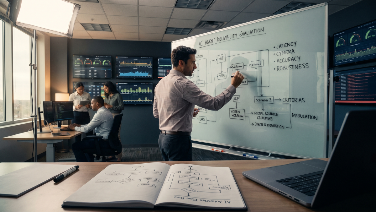 Operations war-room with dashboards showing AI agent performance metrics and evaluation frameworks