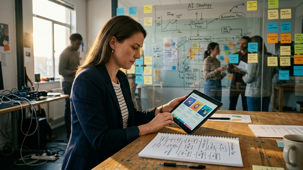 An operator workshop with campaign cards, glass-board workflow sketches, and a tablet guiding a reusable AI process