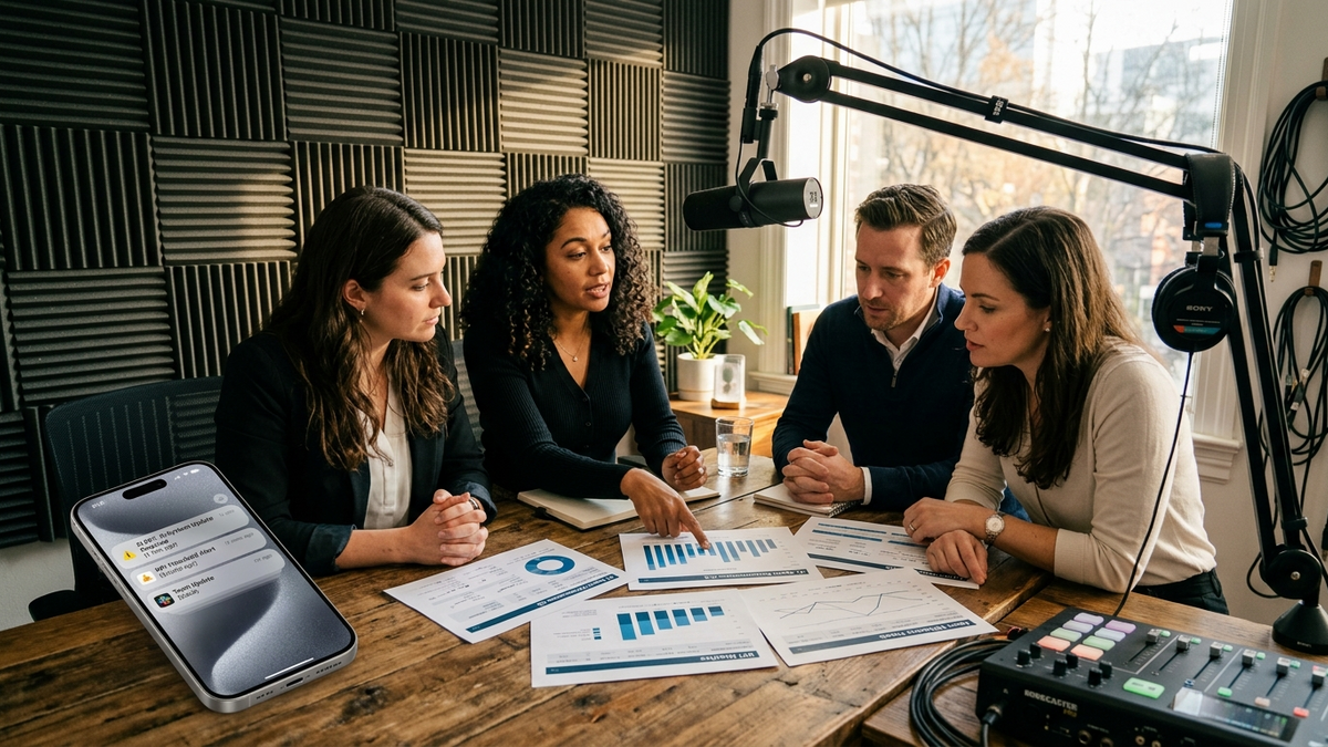 Operators mapping AI workflow stages across whiteboards, dashboards, and printed process cards in a studio workspace