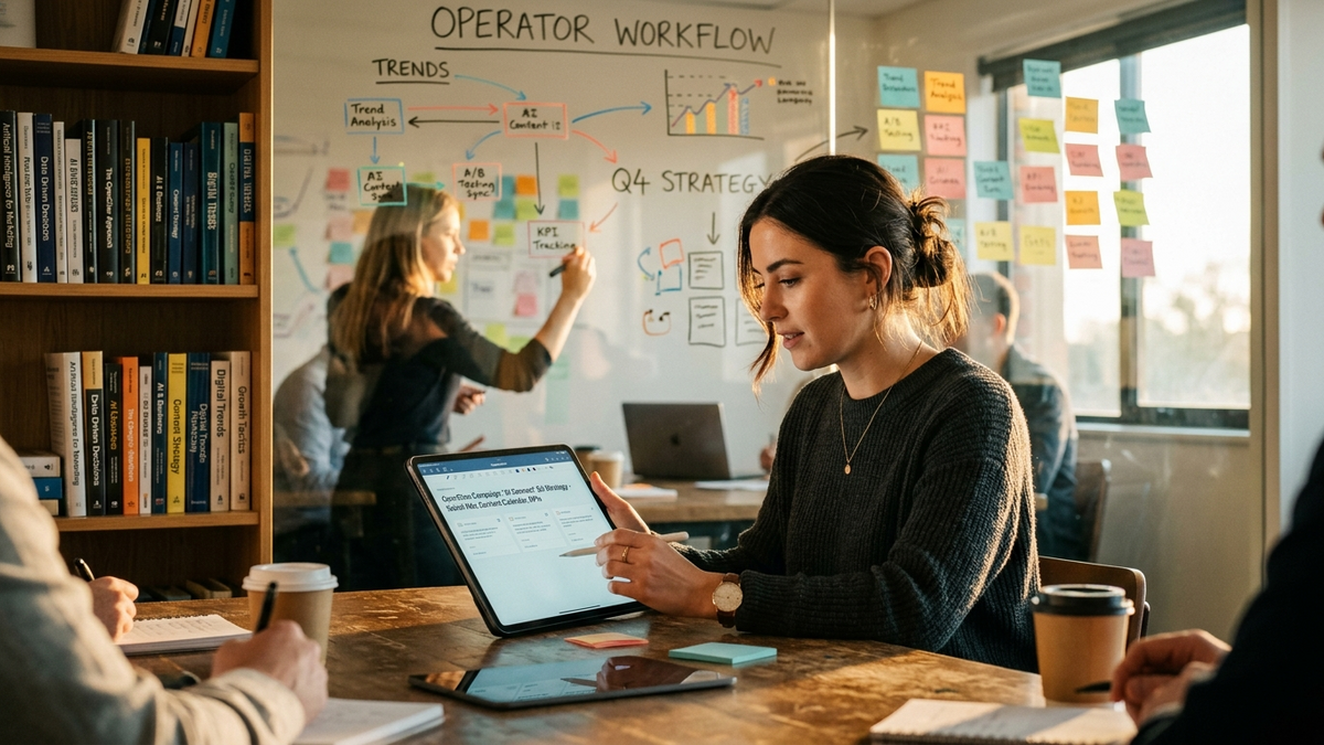 Operator mapping AI workflow stages on a whiteboard in a sunlit studio office