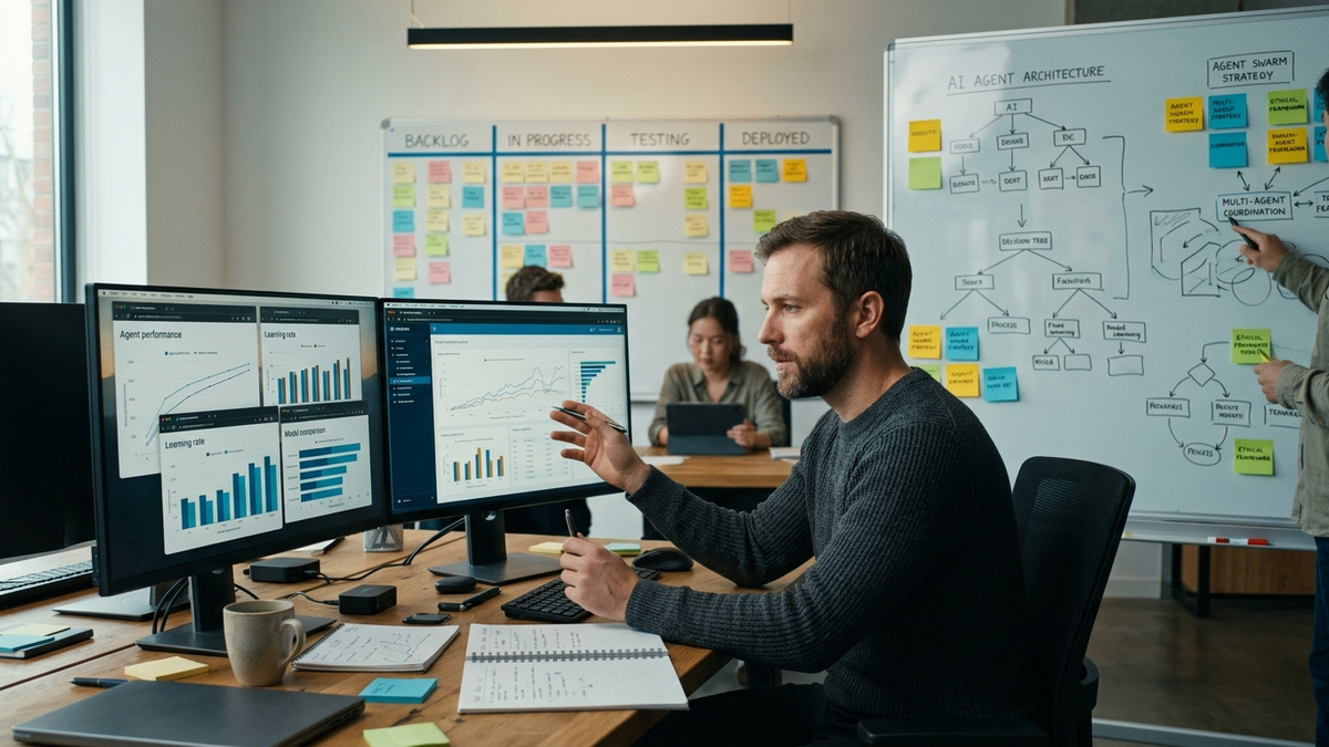 A small-team operator workshop with workflow cards, whiteboard diagrams, and AI prompt notes spread across a collaborative table