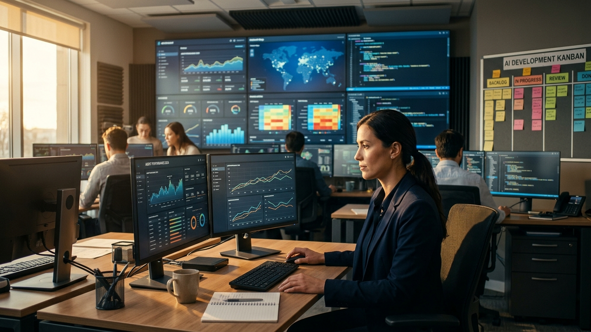 An operator reviewing AI agent traces, evaluation scorecards, and workflow checkpoints across an operations dashboard wall
