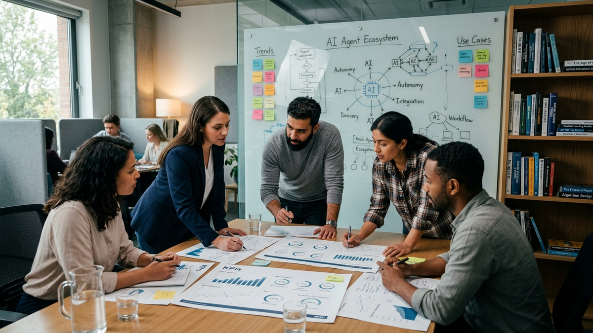 Small operations team reviewing parallel AI agent runs, evaluation dashboards, and queued approvals across a bright studio wall