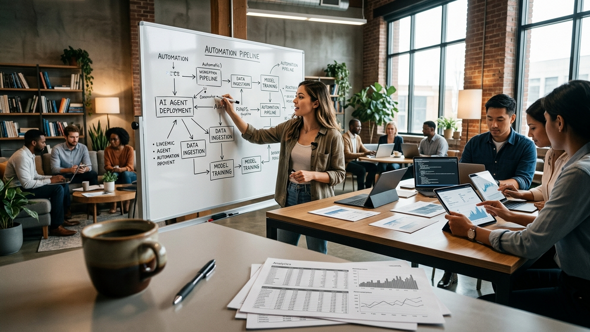 A compact operations studio where specialized AI agents handle planning, drafting, research, and review across shared workstations