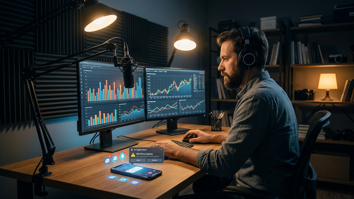 Solo operator managing AI agent workflows in professional workspace