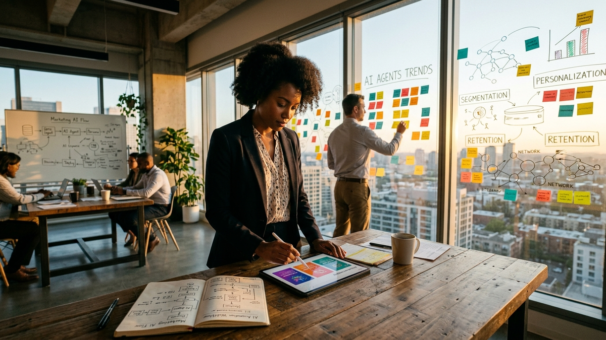 A solo founder in a strategy workshop reviewing workflow cards on a tablet beside a glass board of sticky notes