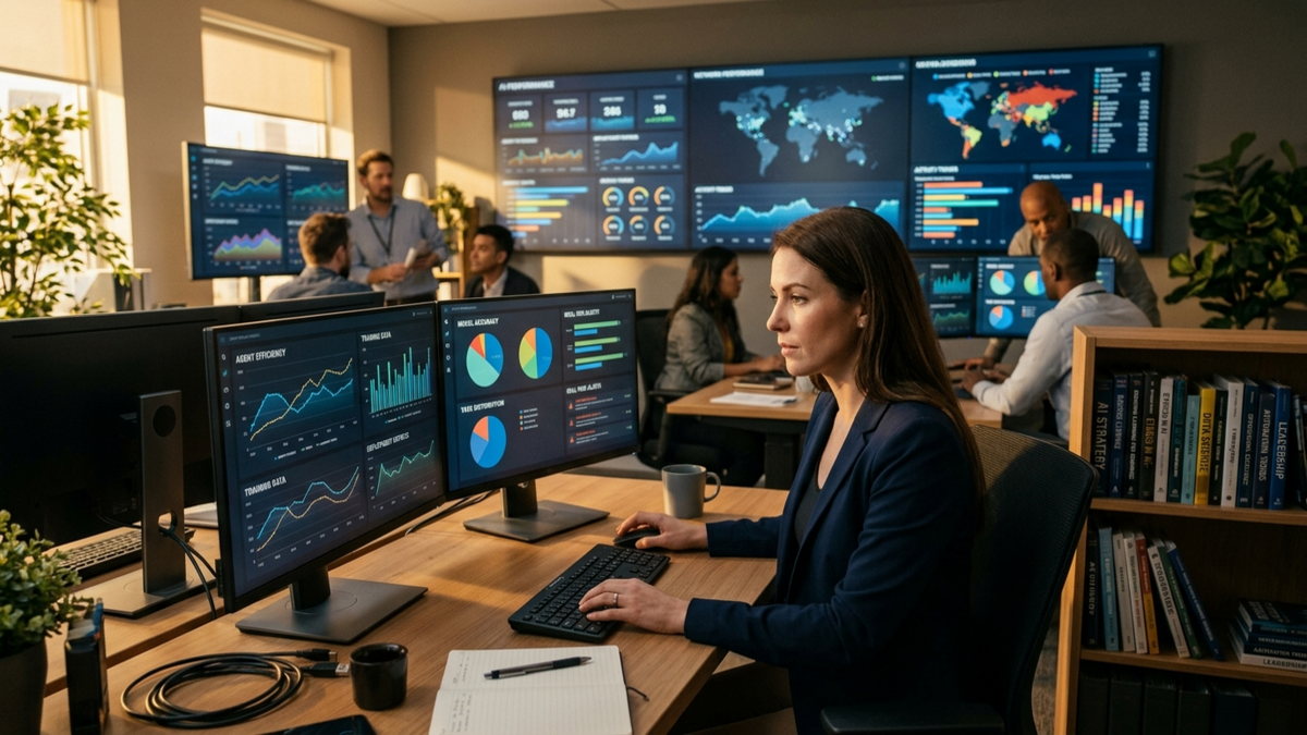 A solo operator reviewing a wall-mounted dashboard of agent workflows, with printed AGENTS.md documents and a desk-side notebook open to a checklist