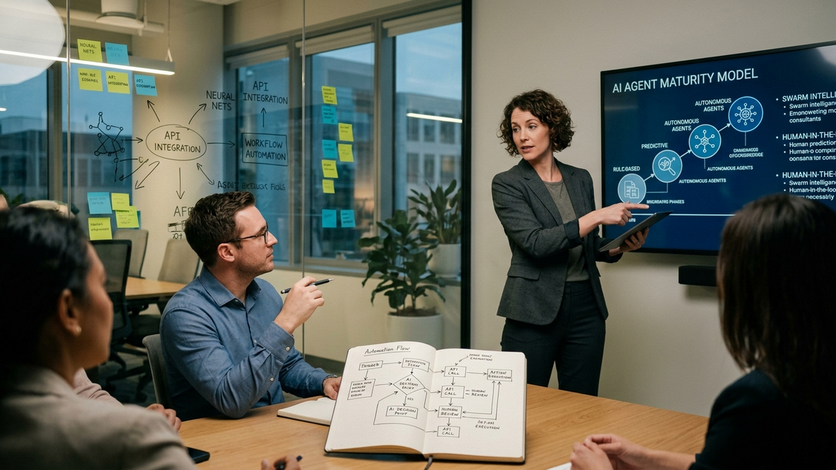 Operator workshop planning workspace-native AI automations with flow diagrams and sticky notes