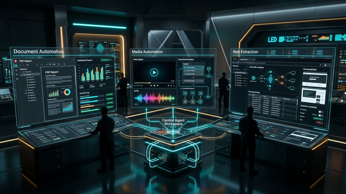 Futuristic AI automation control room showing PDF generation, media downloading, and stealth browser scraping workflows across three connected panels