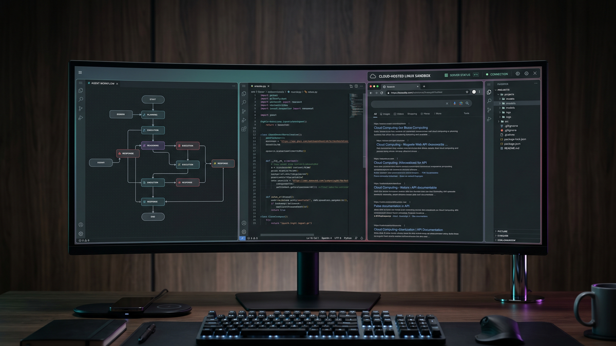 Developer workstation visualizing a managed AI agent running in a cloud Linux sandbox with code, browser, files, and orchestration panels