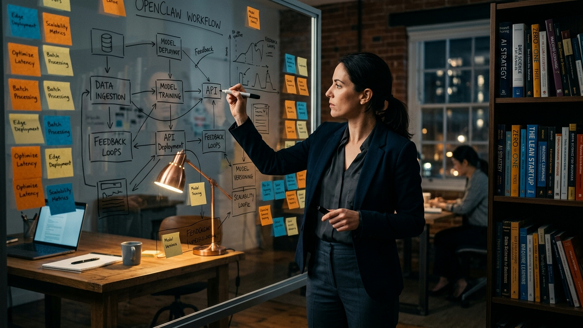 An operator mapping reusable AI workflows across a glass board in a strategy room