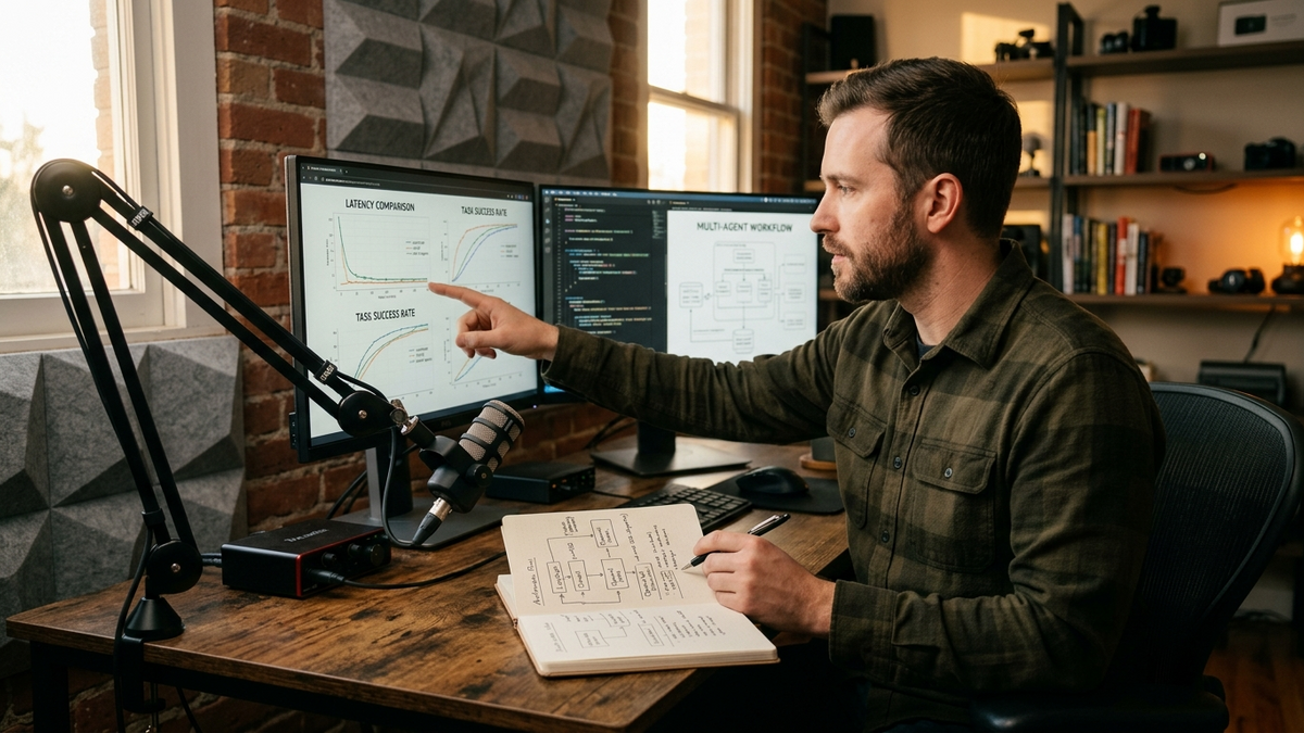 Analyst comparing performance charts on dual displays in a creative workspace studio, with hand-drawn automation flow in a notebook nearby