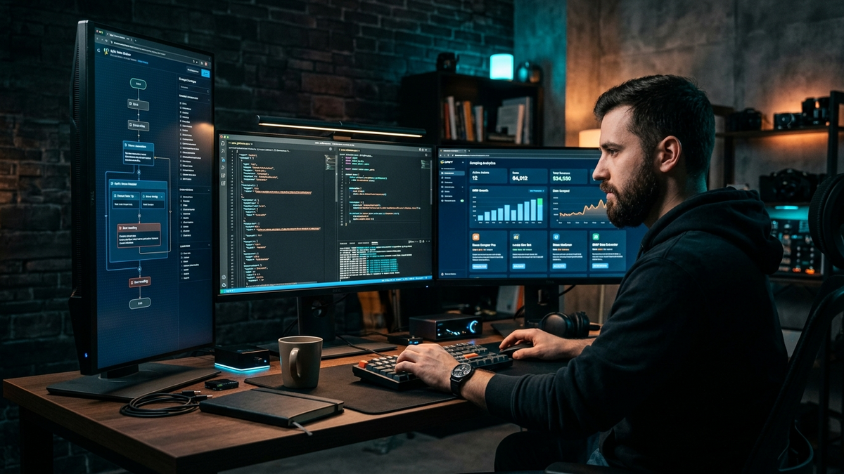 Solo AI operator building marketplace-ready automation actors with dashboards, code, and revenue analytics on multiple screens