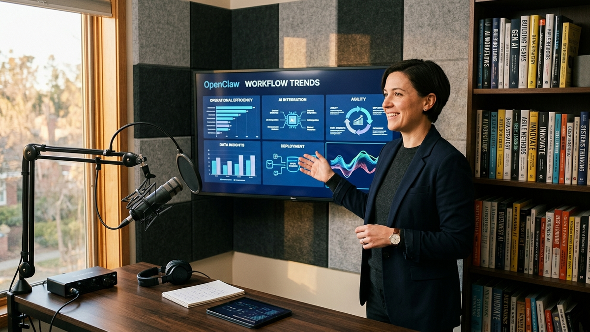 A consultant supervising background AI workflows from a studio workspace with a large monitor, microphone arm, and research notes