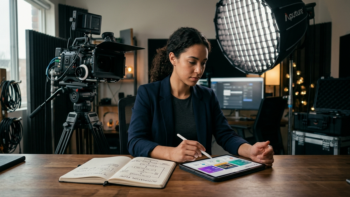 Operator reviewing staged AI workflow cards, research notes, and creator tools across a bright studio desk