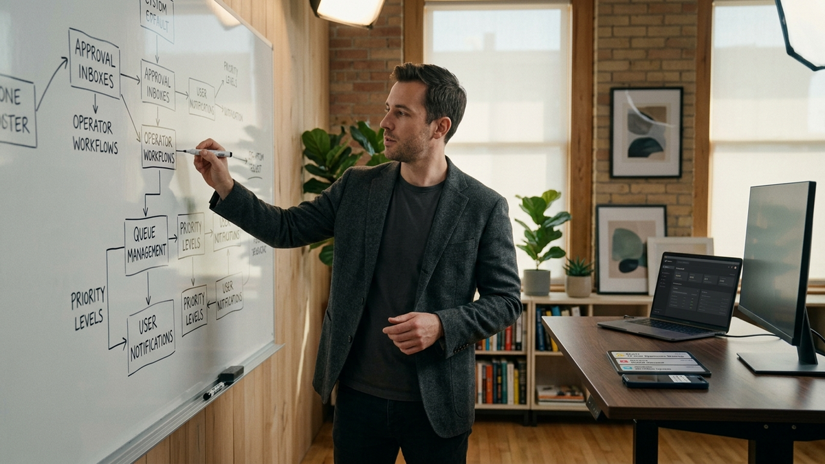 Operator reviewing queued AI tasks and approvals across dashboards, notes, and connected work apps in a bright studio office