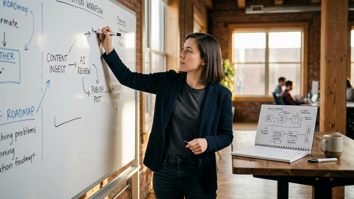 A solo operator in a founder office drawing a workflow roadmap on a whiteboard while a notebook with hand-drawn automation flow sits open beside her laptop