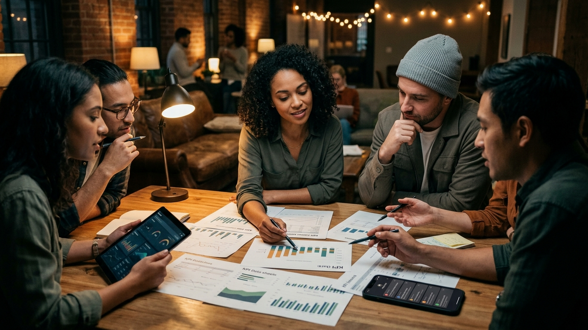 Operators coordinating specialized AI workflows around a shared planning table with alerts, notes, and dashboards