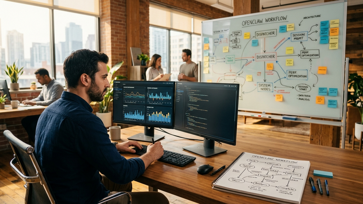 Independent operator dispatching AI work across a studio desk, phone alerts, and a shared wall display