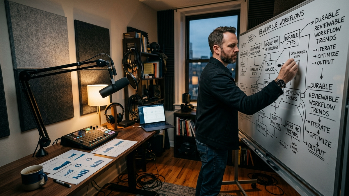Operator mapping durable AI workflows on a whiteboard in a studio workspace with review notes and browser checkpoints nearby