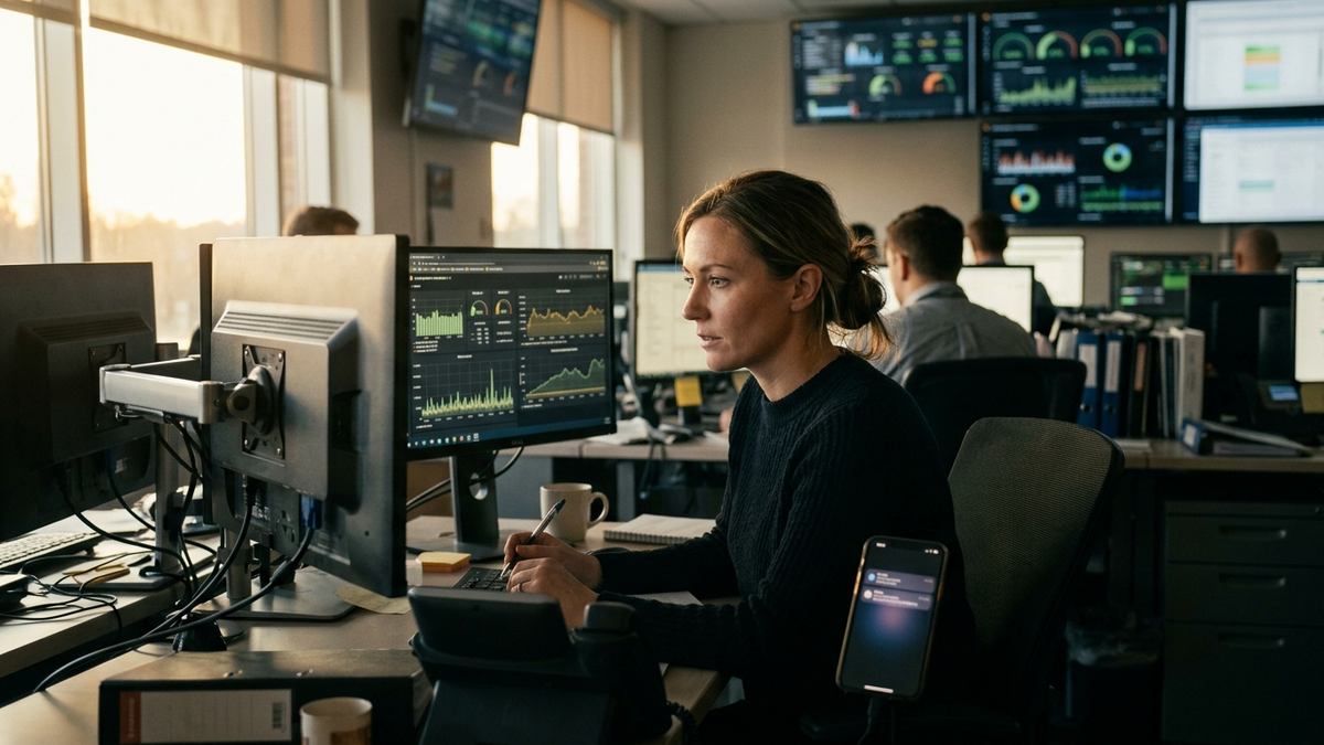 Operator monitoring specialist AI handoffs across dashboards, alerts, and planning notes in a collaborative ops room