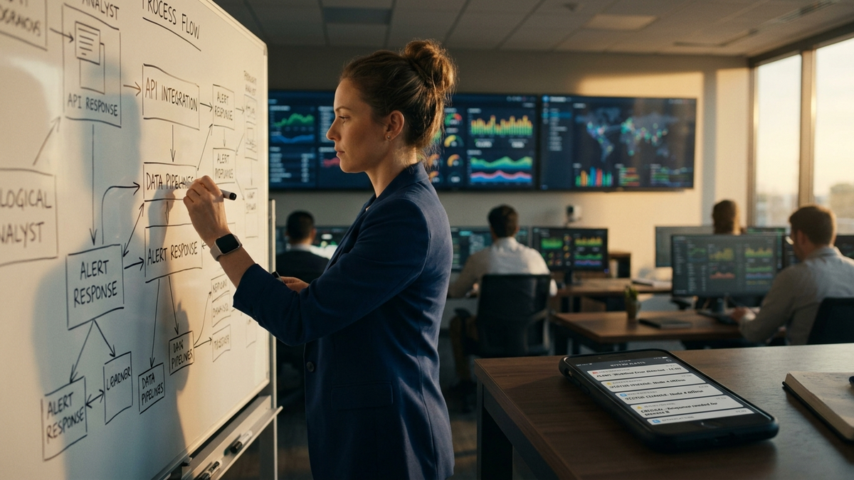 Operator organizing reusable workflow cards, dashboards, and mobile alerts in a bright studio planning room