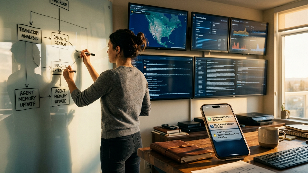 A solo operator reviewing saved meeting transcripts on a wall monitor while a tablet surfaces an agent-searchable recap of last week's client calls
