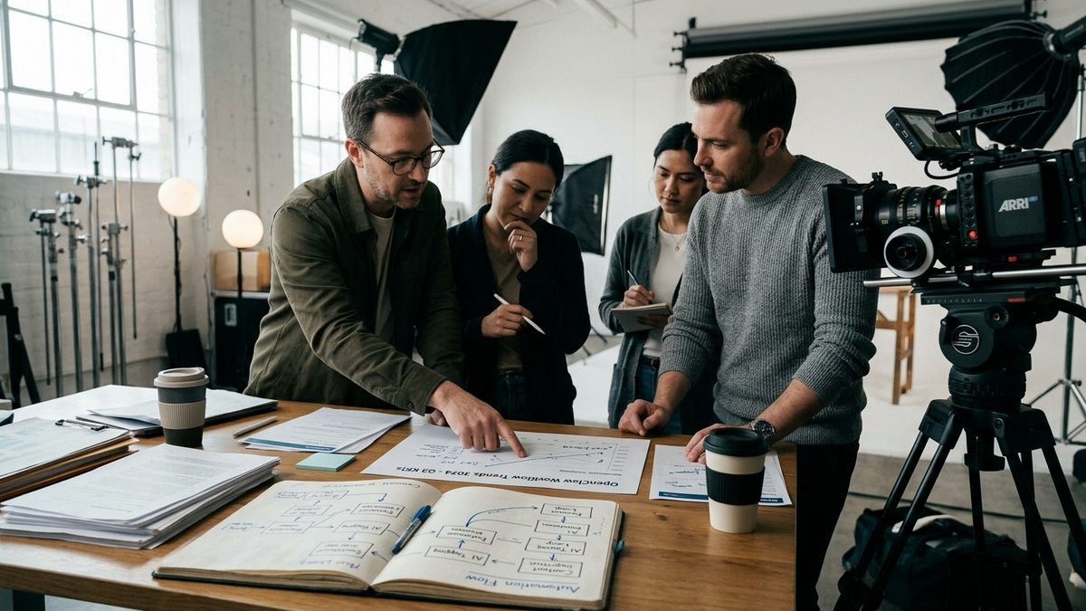 Small operations team reviewing printed workflow runbooks and metrics around a studio desk with creative production gear.