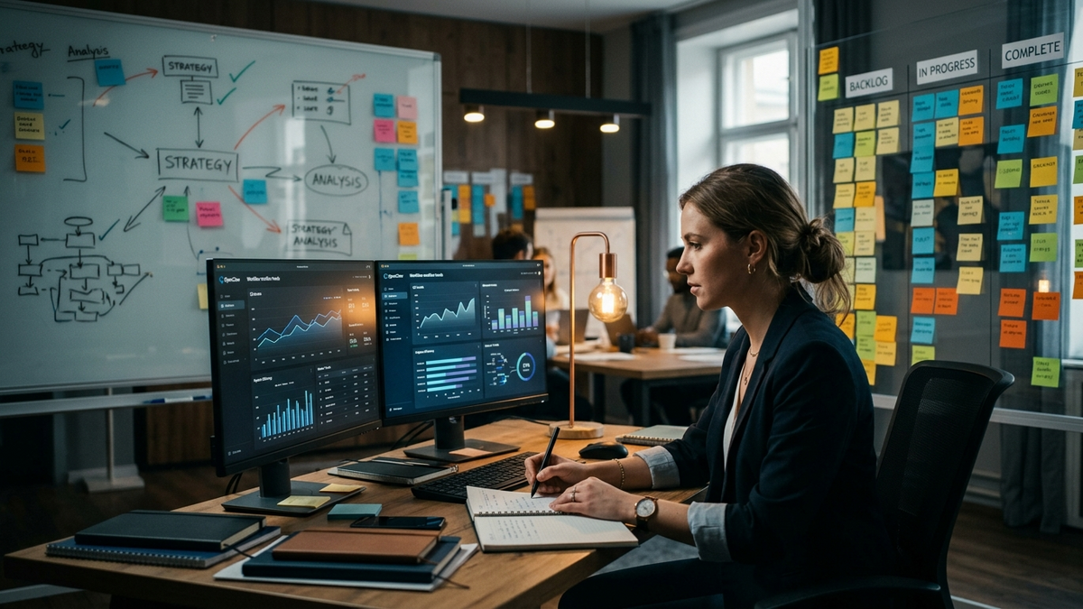 Small business operator monitoring AI workflow runbooks across content, support, and lead tasks