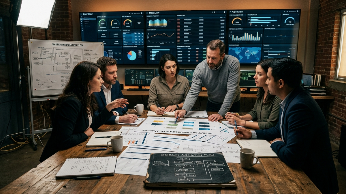 Independent operators coordinating reusable agent workflows across a studio wall of cards, browser tools, and approval checklists
