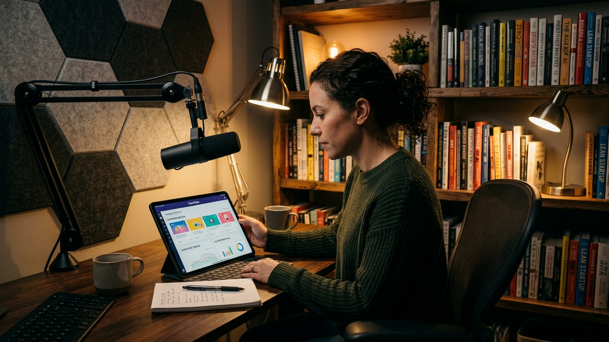 Operator reviewing packaged AI workflows across a studio desk with campaign notes, audio gear, and a tablet