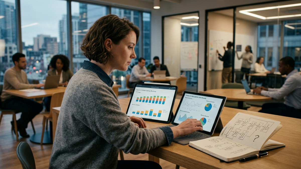 A solo operator at a co-working table coordinating three parallel agent sessions across tablets and a notebook, with shared context cards pinned to the wall behind them