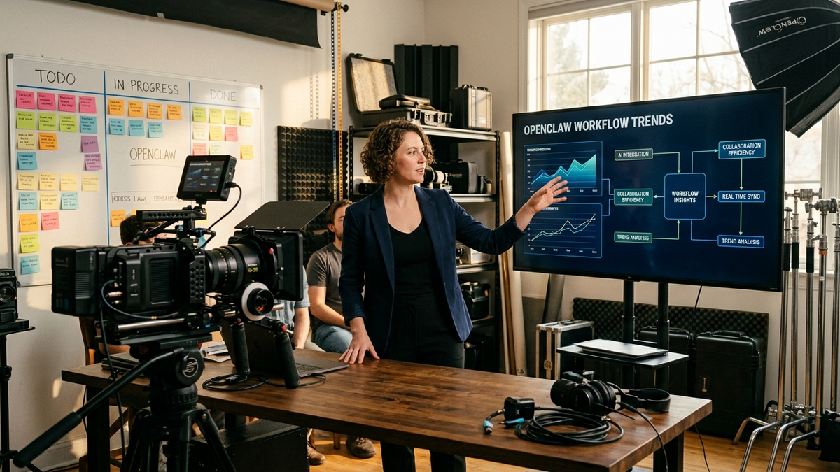 Consultant presenting AI workflow trends on a studio monitor beside a camera rig and sticky-note operations board