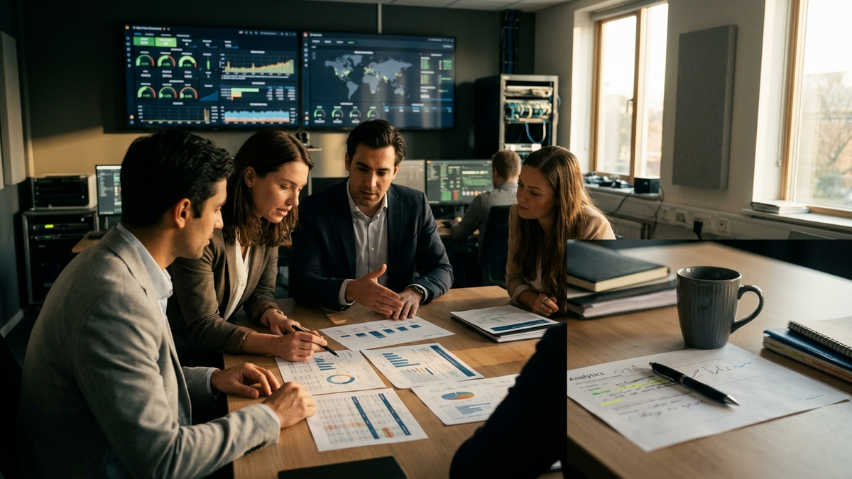 Editorial scene of operators reviewing dashboard printouts and routing recurring AI tasks from a wall of status screens