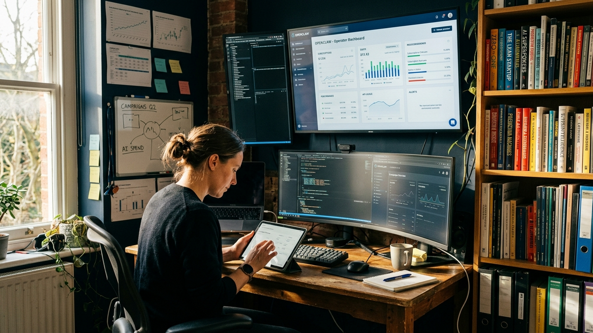 A solo operator at a desk comparing multiple AI subscription accounts on a tablet beside a wall-mounted dashboard of automation runs