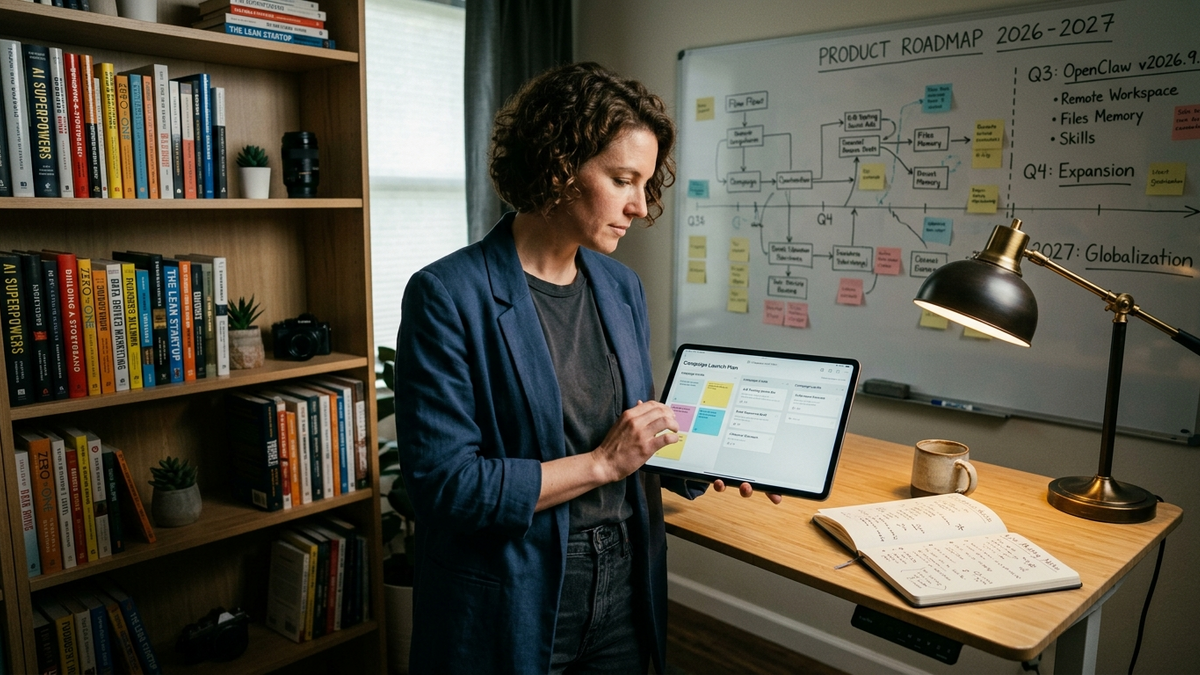 A solo operator in a sunlit home office following live meeting notes on a wall monitor while a paired laptop receives uploaded files for a remote workspace, with a notebook showing hand-drawn handoff steps